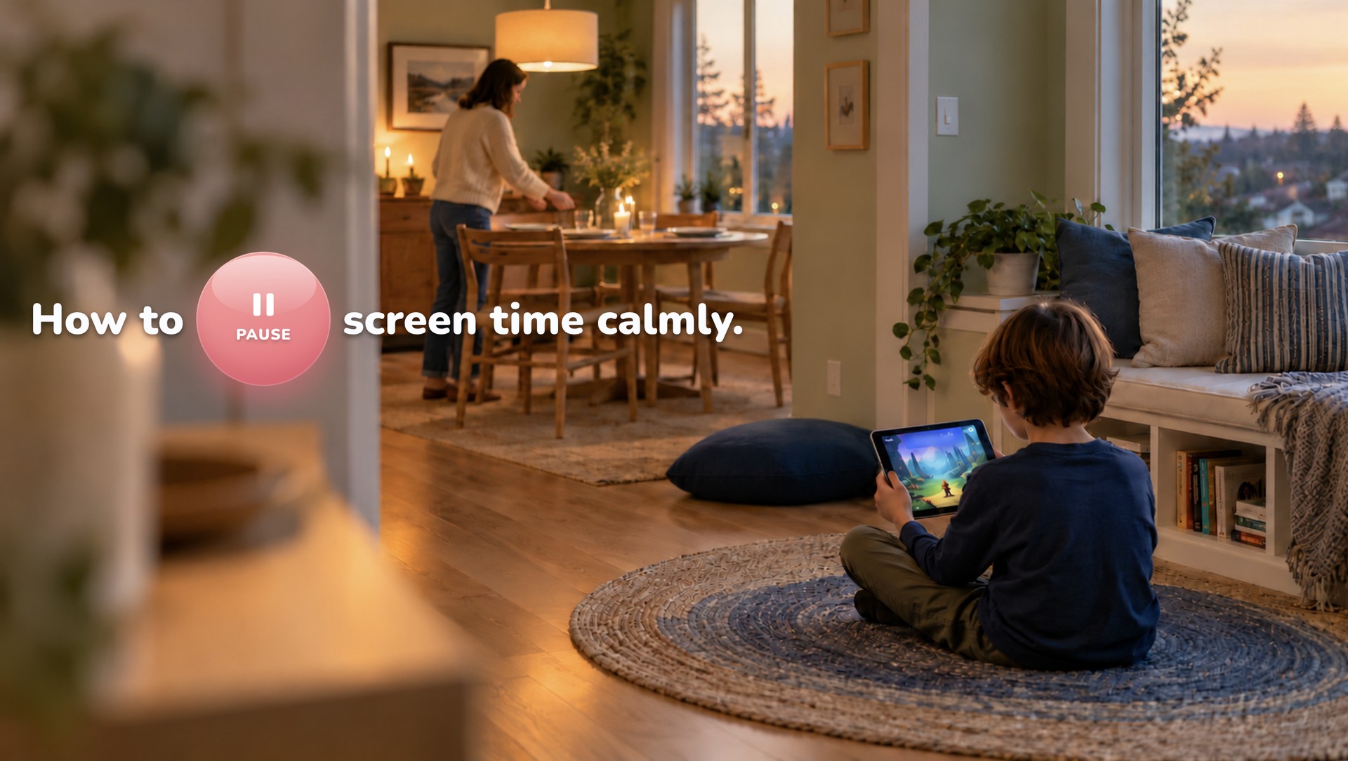 A parent sets the dinner table in the background while a kid sits on a rug finishing a game on a tablet, next to the words How to pause screen time calmly.