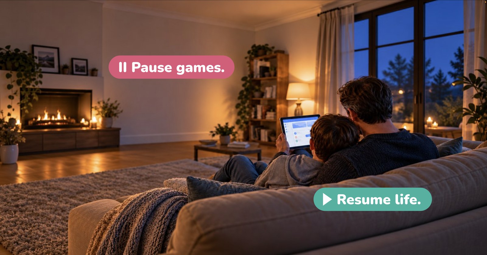A parent and child, seen from behind, sitting together on a couch in a warm living room and looking at an iPad. Labels read: Pause games. Resume life.