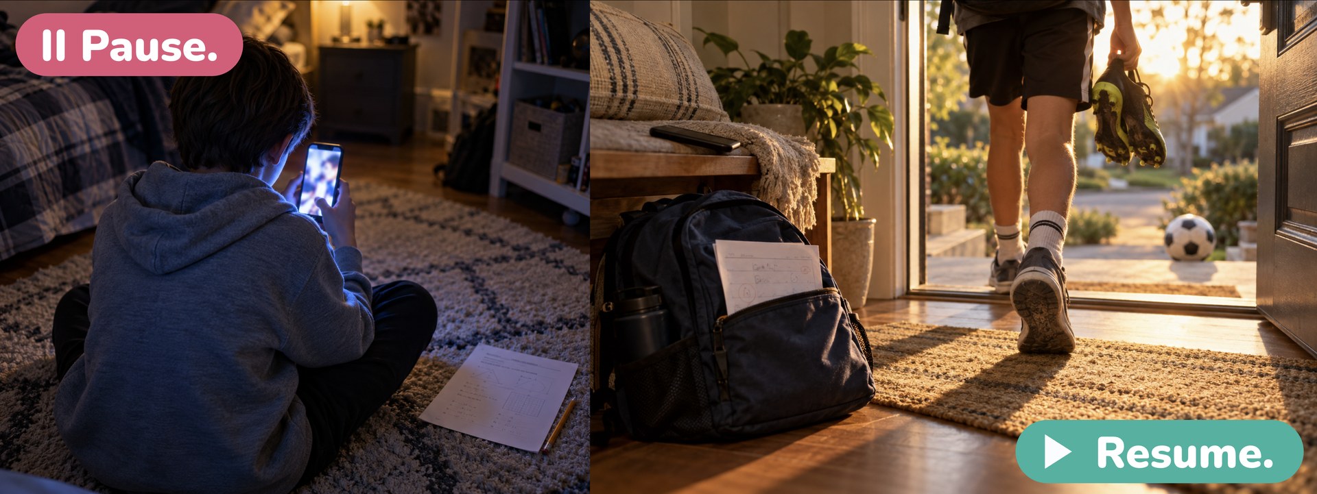 Left, labeled Pause: a kid in a hoodie on a bedroom floor, lit by a phone, with an untouched worksheet beside them. Right, labeled Resume: a kid heading out the front door with soccer cleats, a soccer ball waiting outside.