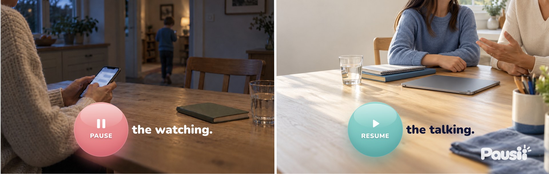 Two scenes side by side. Left: in a dim kitchen, a parent reads a phone while a child walks away holding their own phone, labeled Pause the watching. Right: in a sunny kitchen, a parent and child talk at the table with an iPad set down between them, labeled Resume the talking.