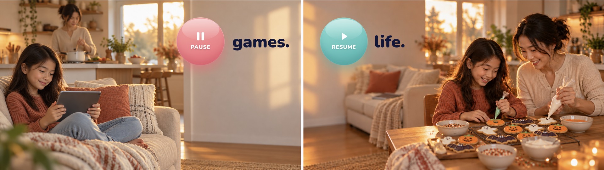 Two scenes side by side. Left: a kid relaxes on the couch with a tablet while a parent cooks in the kitchen, next to a Pause button and the word games. Right: the same parent and kid decorate cookies together at the table, next to a Resume button and the word life.